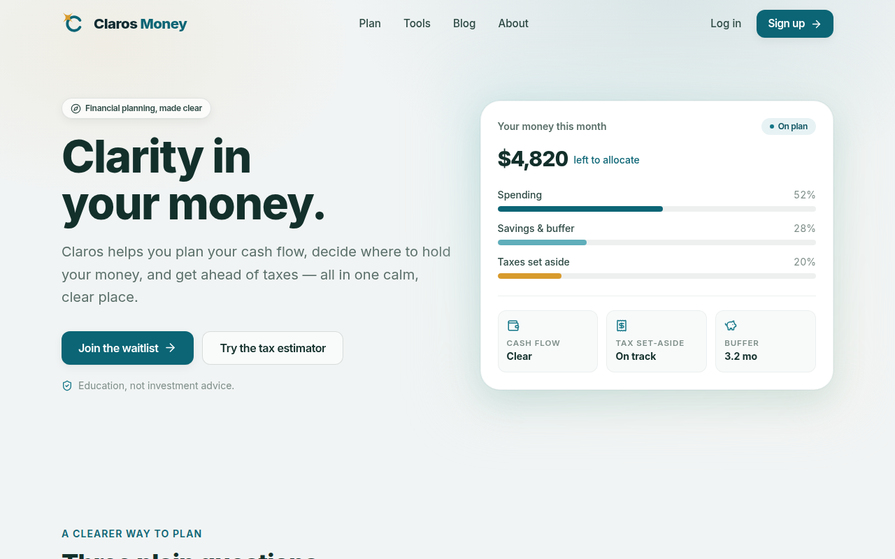 The Claros Money home page, headlined &ldquo;Clarity in your money&rdquo;, beside a panel breaking a month's money into spending, savings and taxes set aside.