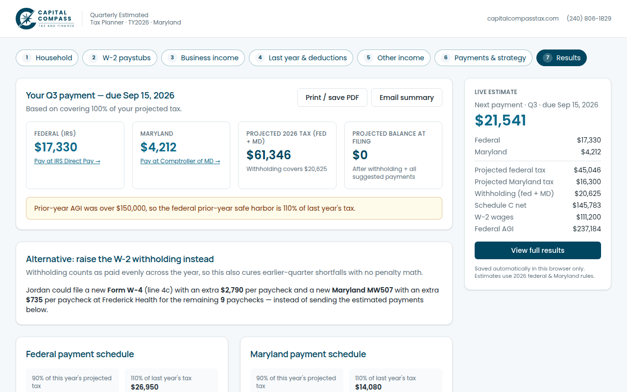 The Capital Compass Estimator results screen, showing the next quarterly payment for the IRS and Maryland alongside a live estimate panel.